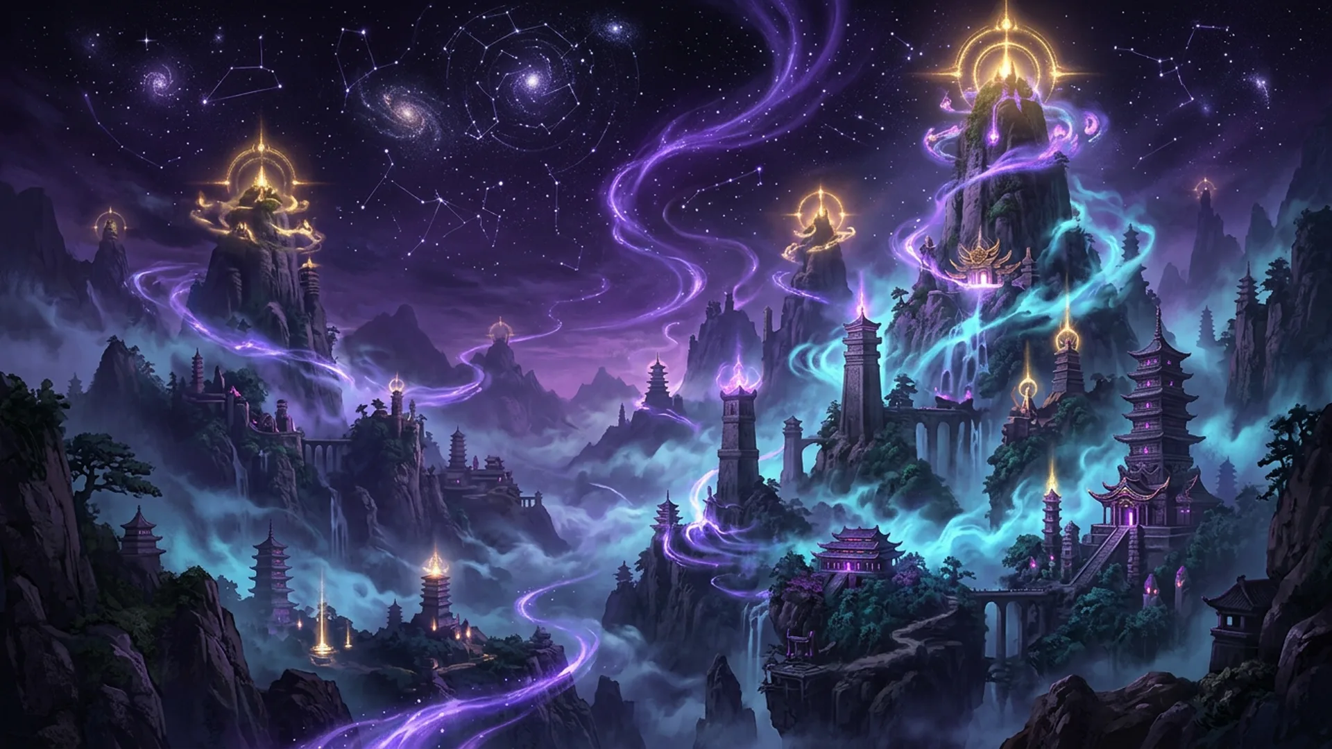 Arcane Ascent world concept art: a celestial cultivation realm rising through mist-covered mountains